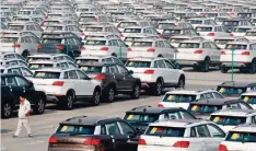  ??  ?? BAODING: In this Feb 19, 2017 photo, a worker walks past Haval SUV models parked outside the Great Wall Motors assembly plant in Baoding in north China’s Hebei province. — AP