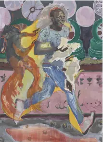  ??  ?? 2. The Chicken Thief, 2019, Michael Armitage, oil on lubugo bark cloth, 200 × 150cm