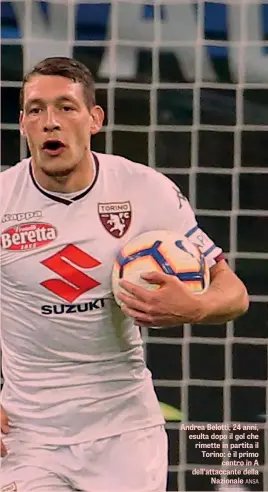  ??  ?? Andrea Belotti, 24 anni, esulta dopo il gol che rimette in partita il Torino: è il primo centro in A dell’attaccante della Nazionale ANSA ● 1 La girata vincente di Perisic che sorprende Sirigu e regala all’Inter l’1-0 ● 2 L’esultanza dell’olandese de Vrij dopo il gol del raddoppio nerazzurro nel primo tempo ● 3 Il francese Meité festeggia il gol pesante che dà al Torino il primo punto in questo campionato GETTY/AFP