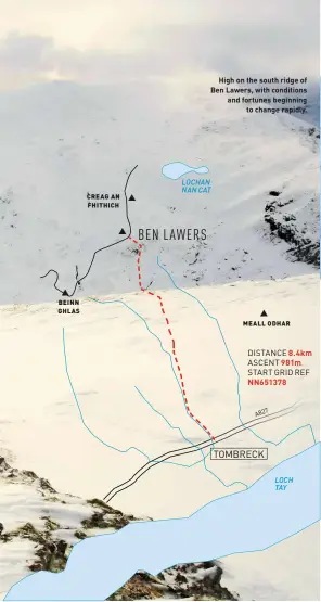 ??  ?? High on the south ridge of Ben Lawers, with conditions and fortunes beginning to change rapidly.
