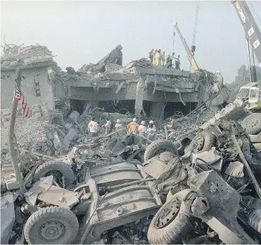  ?? JIM BOURDIER / THE ASSOCIATED PRESS FILES ?? The aftermath of the bombing of the U. S. Marines barracks in Beirut, Lebanon, on Oct. 23, 1983, by Iran-backed Hezbollah that killed 241 American servicemen. An Ontario court has upheld a judgment against Iran.