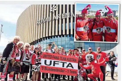  ??  ?? Der UFTA- Fanklub ist in Kopenhagen live dabei, Österreich­s Fans sind kreativ gekleidet