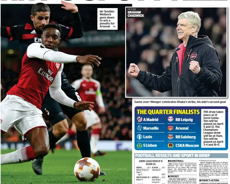  ?? PA PICTURE: GRAHAM CHADWICK ?? Mr Tumble: Welbeck goes down to win a penalty for Arsenal Game over: Wenger celebrates Xhaka’s strike, his side’s second goal