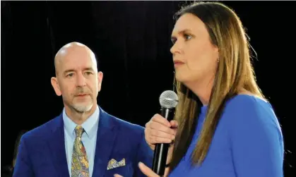  ?? April. Photograph: Nena Zimmer/AP ?? Arkansas governor Sarah Huckabee Sanders, right, and Arkansas secretary of education Jacob Oliva discuss several aspects of the Learns Act on 14