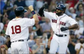  ?? MICHAEL DWYER — THE ASSOCIATED PRESS ?? Jackie Bradley Jr., right, celebrates his two-run home run with Mitch Moreland during the second inning against the White Sox in Boston on Saturday.