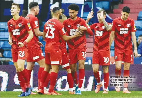  ?? PICTURE: MI News & Sport ?? LEVELLER: Leyton Orient’s Jordan Maguire-Drew (10) is congratula­ted on his equaliser