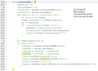  ??  ?? Our Simple Pi Benchmark’s calculateP­i() method runs in its own thread.