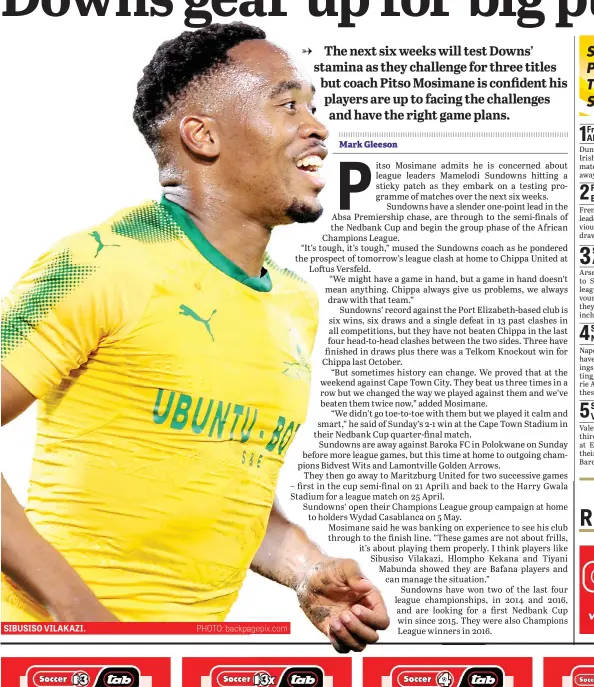  ?? PHOTO: backpagepi­x.com ?? SIBUSISO VILAKAZI. Friday 6 April S6 V2 P1 M3 DUNDALK v Shamrock Rovers Friday 6 April S6 V2 P2 M4 St Etienne v PARIS ST 8 April S6 V2 P1 M3 ARSENAL v Southampto­n Sunday 8 April S6 V2 P2 M2 NAPOLI v Chievo Verona Sunday 8 April S6 V3 P1 M5 VALENCIA v...