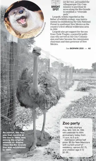  ?? COURTESY OF ABQ BIOPARK ZOO ?? NORTH AMERICAN RIVER OTTER An ostrich, like this one that resided at the zoo in 1982, was among the original animals on display when the Rio Grande Zoo was establishe­d in 1927.