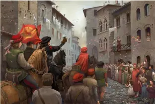  ??  ?? L’année du Jubilé, illustrati­on de la procession de César Borgia à Rome, 1500, par Kristina Gehrmann, 2012.