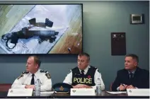  ?? JESSICA NYZNIK EXAMINER ?? City police Chief Scott Gilbert, left, OPP Det. Insp. Jim Walker and city police Deputy Chief Tim Farquharso­n release details of a large bust that happened Wednesday.