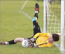  ??  ?? A superb penalty save by Andrew Wogan in the Ardee Celtic goal wasn’t enough to save his side from defeat by EMU.