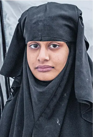  ??  ?? Shamima Begum was stripped of her British citizenshi­p by Sajid Javid last month after she fled to Syria in 2015