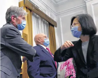  ?? REUTERS ?? Taiwan President Tsai Ing-wen, right, greets former U.S. Deputy Secretary of State Jim Steinberg at a meeting at the presidenti­al office in Taipei, Taiwan last Thursday.