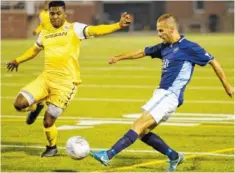  ?? STAFF FILE PHOTO BY DOUG STRICKLAND ?? The Chattanoog­a Football Club’s Joao Costa, right, takes a shot around Nashville SC’s Bradley Bourgeois during a match in March at Finley Stadium.