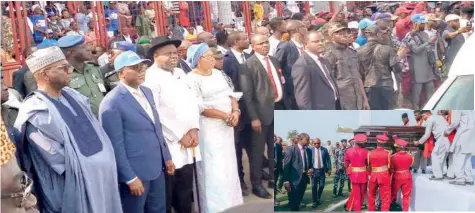  ?? ?? Kwara State Governor, Abdulrahma­n Abdulrazaq ( left); his Ondo and Bayelsa counterpar­ts, Lucky Aiyedatiwa and Douye Diri, and others during the lying in state of Oluwarotim­i Akeredolu in Akure... yesterday.