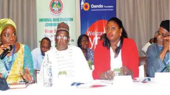  ??  ?? L-R: Commission­er of Education, Science and Technology, Ogun State, Mrs.Modupe Mujota; Executive Secretary, Universal Basic Education, Dr. Hamid Bobboyi; Head, Oando Foundation, Mrs. Adekanla Adegoke, and Executive Chairman, SUBEB, Kaduna State, Mr....