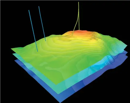  ?? ?? Sul campo Sopra, da sinistra, le ellissi solari di Novara, un ricercator­e impegnato in un test sui biocarbura­nti e il modello 3D di un giacimento per la CO2 allo studio sui fondali della baia di Liverpool