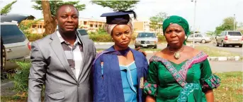  ??  ?? Graduand’s father, Senior Photo-journalist, Theguardia­n, Najeem Atanda Raheem (l); Graduand, Barakat Damilola Raheem (middle); her Mother, Olawumi Raheem, during the graduation ceremony of Damilola, at the University of Ilorin, Kwara State.