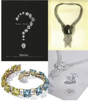  ??  ?? Clockwise from top left: 1967 Tiffany & Co. advertisem­ent from The Tiffany Archives; the original World’s Fair Necklace, set with an aquamarine; a sketch of the reimagined 1939 World’s Fair Necklace with the Empire Diamond, the largest diamond ever offered for sale by the jeweller; beryl and aquamarine necklace from the Colours of Nature collection with oval diamonds made to float, P.O.A.