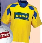  ?? ?? Collabs: a 1996 drill top worn by Liam Gallagher; Oasis x Umbro; Supreme x Umbro; and Off-White x Umbro