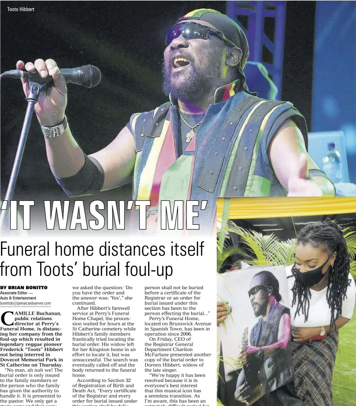  ?? (Photo: Garfield Robinson) ?? Toots Hibbert
Camille Buchanan, public relations director at the St Catherineb­ased Perry’s Funeral Home, holds a photo of the late reggae pioneer Toots Hibbert at his funeral service on Thursday.