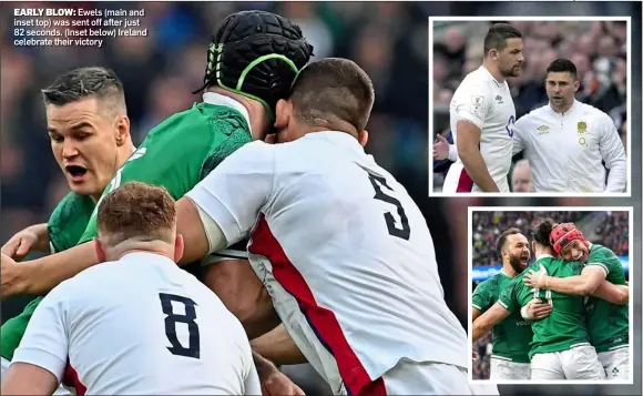  ?? ?? EARLY BLOW: Ewels (main and inset top) was sent off after just 82 seconds. (Inset below) Ireland celebrate their victory