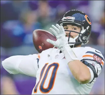  ?? ADAM BETTCHER/GETTY IMAGES ?? Bears’ Mitchell Trubisky has a year left to prove to the team that he can be its QB of the future. He will have to compete with Nick Foles for the job.