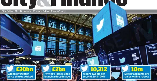  ??  ?? £30bn £2bn 10,312 10m wiped off Twitter since shares peaked Twitter’s losses since launch a decade ago record tweets per second, hit in 2014 Twitter accounts are run by online robots