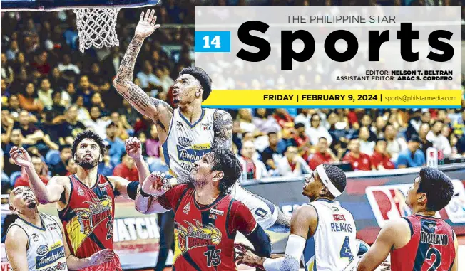  ?? ?? Magnolia import Tyler Bey jumps ahead of everybody in a rebound play during Game 3 of the PBA Commission­er’s Cup Finals Wednesday at the Smart Araneta Coliseum. The Hotshots stopped the San Miguel Beermen, 88-80.
