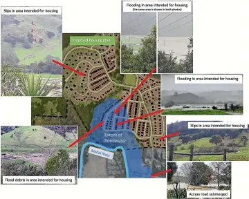  ?? ?? An image supplied by the Save the Maitai group outlining what it says would be the effect of the flooding and slips from storms last week on a proposed housing developmen­t in Kākā Valley.
