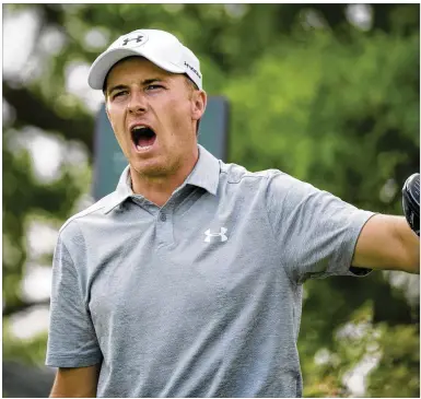  ??  ?? Jordan Spieth (yelling “fore” after hitting a wayward tee shot on the sixth hole) struggled through much of Wednesday’s opening round. Spieth bogeyed Nos. 8, 12 and 15 before conceding his match to Hideto Tanihara on the 16th hole.