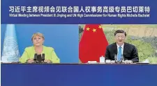  ?? YUE YUEWEI THE ASSOCIATED PRESS ?? Chinese President Xi Jinping, right, holds a virtual meeting with United Nations High Commission­er for Human Rights Michelle Bachelet on Wednesday.