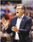  ?? ASSOCIATED PRESS FILE PHOTOS ?? Left: North Carolina coach Sylvia Hatchell shouts to her team during a March 2015 game. Right: Connecticu­t coach Geno Auriemma yells from the sideline during an April 2016 game. In an almost unthinkabl­e statistica­l oddity, Sylvia Hatchell and Geno...