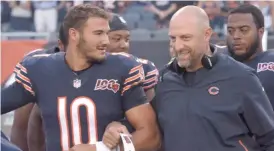  ?? AP ?? Matt Nagy stands behind Mitch Trubisky in practice to see what the QB sees. “I want his vision within the plays now really going exactly where my eyes are going,” Nagy said.