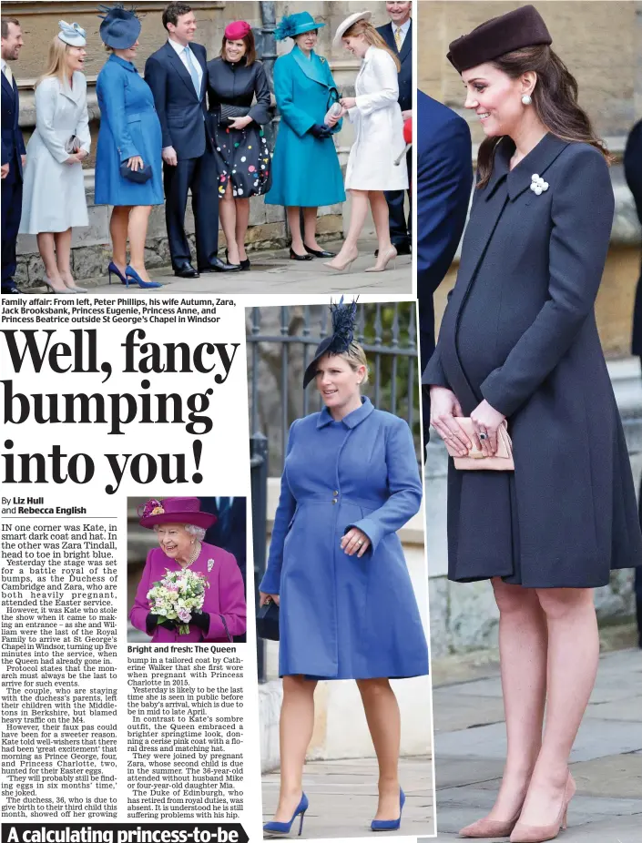 ??  ?? Family affair: From left, Peter Phillips, his wife Autumn, Zara, Jack Brooksbank, Princess Eugenie, Princess Anne, and Princess Beatrice outside St George’s Chapel in Windsor Bright and fresh: The Queen Spring blooms: Zara Tindall and Kate Middleton...