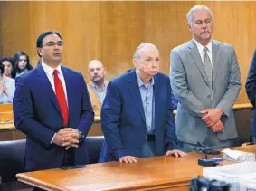  ?? NATHAN LAMBRECHT/THE MONITOR ?? Former priest John Feit, center, appeared in a Hidalgo County, Texas, courtroom on Dec. 7, 2017, where a jury found him guilty of the 1960 murder of Irene Garza, a parishione­r and schoolteac­her. A new lawsuit filed in Albuquerqu­e says Feit became a leader at the Servants of the Paraclete treatment center in Jemez Springs after the crime.