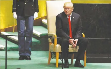  ?? Richard Drew Associated Press ?? PRESIDENT TRUMP after delivering his address at the annual U.N. General Assembly, in which he aimed his harshest words at Iran. Its “leaders sow chaos, death and destructio­n,” he said. “They do not respect their neighbors, their borders or the sovereign rights of nations.”