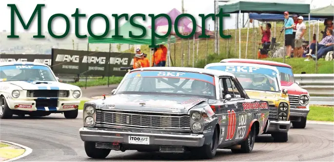  ?? Pictures: RacePics. ?? HEAVY METAL. Top challenger­s in the SKF Pre-1966 Legend Saloon Car races will include Sarel van der Merwe (Ford Galaxie), Hennie Groenewald (Mercury Comet), Jonathan du Toit (Chevrolet Nova) and Peter Lindenberg (Shelby Mustang).