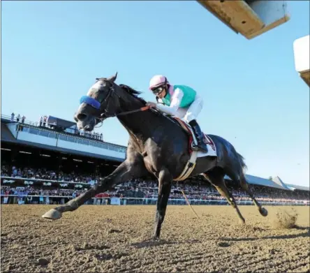  ?? NYRA PHOTO ?? Arrogate races down the final stretch during his Travers win. Arrogate has the chance to be a Hall of Fame horse.