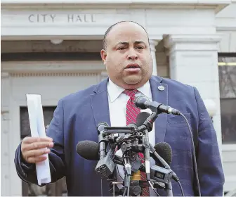  ?? STAFF FILE PHOTO BY NANCY LANE ?? ‘JUST SEEMS LIKE MORE BULLYING’: Lawrence Mayor Daniel Rivera, seen at a 2016 press conference, defended his city after the Trump administra­tion threatened subpoenas if it found the city was uncooperat­ive in fighting illegal immigratio­n.