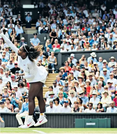  ??  ?? Back to her best: Serena Williams shows all her famed power and grace against Julia Goerges before a packed Centre Court crowd yesterday and, right, with her baby Alexis Olympia. Below, with her friend Meghan Markle in New York. Four years on, the Duchess of Sussex will support her in tomorrow’s final