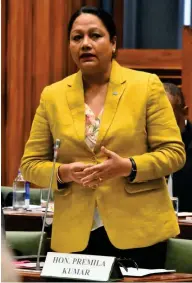  ?? Photo: Supplied ?? Minister for Education, Heritage and Arts, Premila Kumar, speaks in Parliament last week