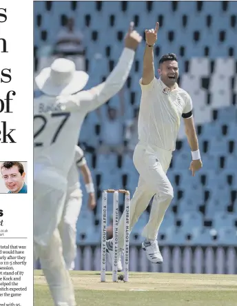  ?? PICTURES: AP PHOTO/THEMBA HADEBE ?? FIRST IMPRESSION­S: England’s bowler James Anderson celebrates after dismissing South Africa’s Dean Elgar for a duck on day one of the first Test match at Centurion Park, Pretoria.