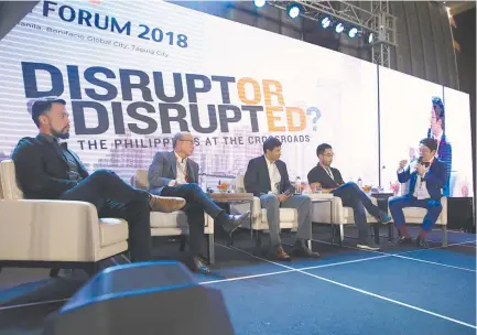  ??  ?? Session 3 “Finding Opportunit­ies in the Age of Disruption” panel discussion with speakers (L-R) Miguel Cuneta, Orlando B. Vea, Anthony Thomas, Brian Cu, and moderator RJ Ledesma of One News’ Bright Ideas