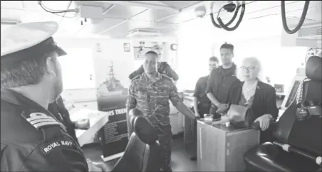  ?? ?? Chief of Staff of the Guyana Defence Force, Brigadier Omar Khan Guyana, Jane Miller aboard the ship on Friday. (HMS Trent X page) and British High Commisisob­er to