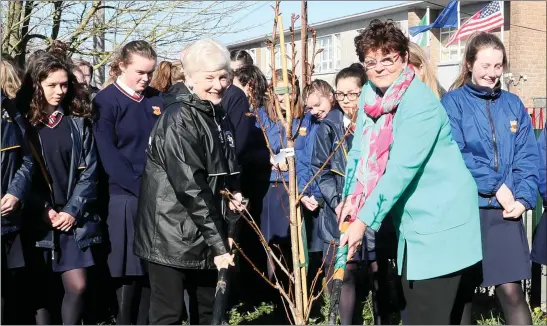  ??  ?? Sue Foreman of Georgetown Visitation, Washington with Mary Caffrey, former principal at Sacred Heart planting a tree to mark 13 years of exchange programmes between the schools.