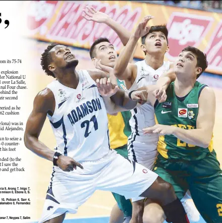  ?? JOEY MENDOZA JR. ?? Falcons Papi Sarr (left) and Frederick Tungcab lock arms with Tamaraws Keb Holmvist (right) and Marvis Dennison as they prepare for a rebound in their game last night at the Mall of Asia Arena.