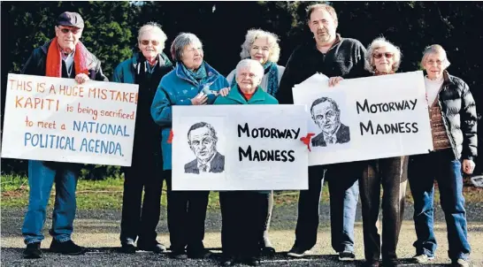  ?? Photo: DIEGO OPATOWSKI/FAIRFAX NZ ?? Not wanted: A group of Kapiti Coast residents protesting against the planned McKays to Peka Paka section of the Kapiti Expressway. From left, Don Polly, 77, Barbara Mountier, 83, Hilda Daw, 82, Barbara Niccol, 81, Marion Livingston­e, 70s, Murray...