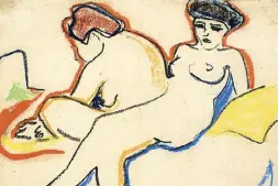  ??  ?? Al bando Ernst Ludwig Kirchner, Due nudi sul letto, 19071908 (part.), Kunstmuseu­m Bern. Kirchner fu uno dei nomi colpiti dalla furia nazista, con molte opere sequestrat­e e distrutte